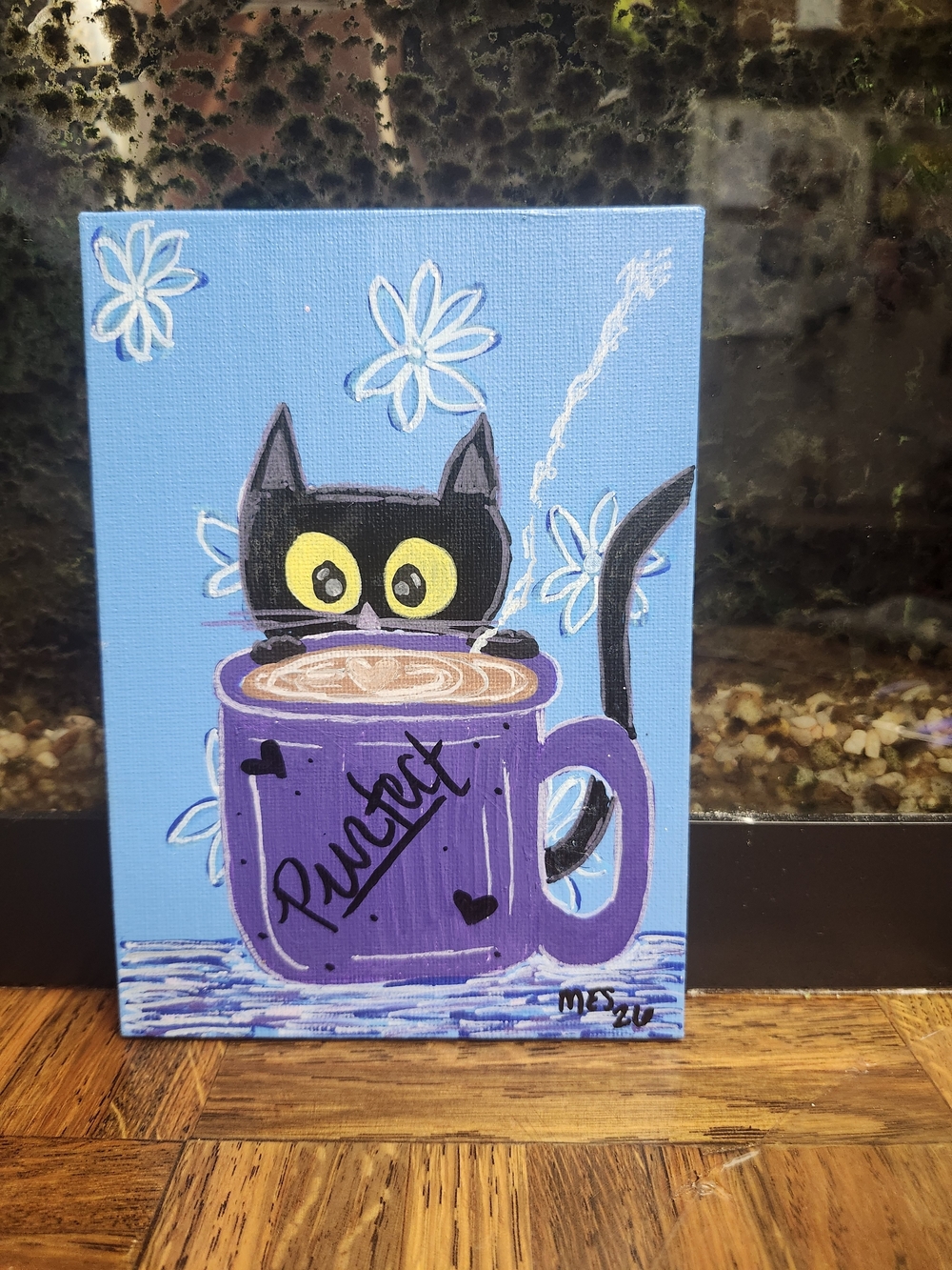 Hand-Painted Black Cat in Purple Mug Canvas Art